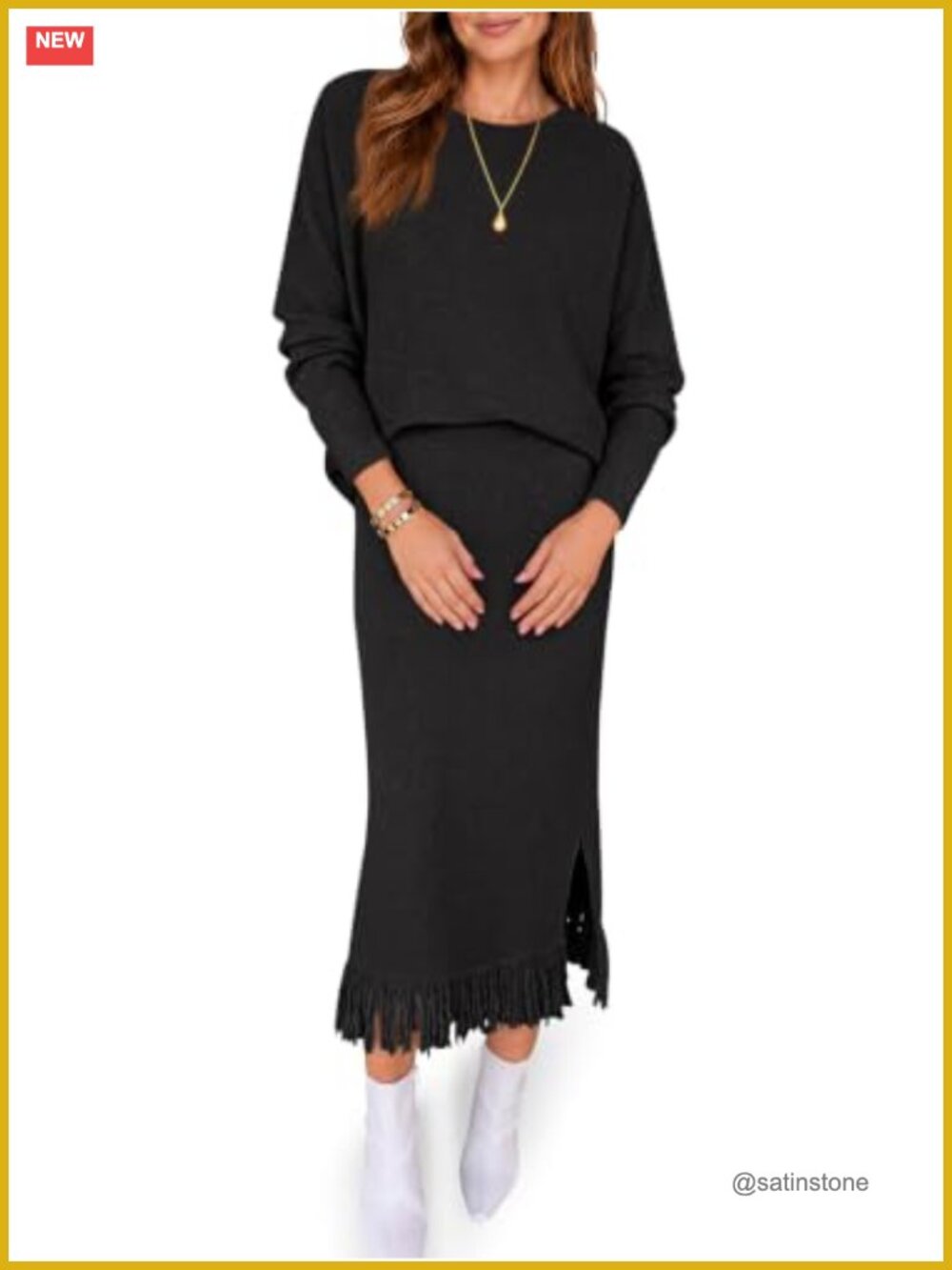 Women's 2 Piece Knit Skirt Set Fringe Side Slit Winter Sweater Set